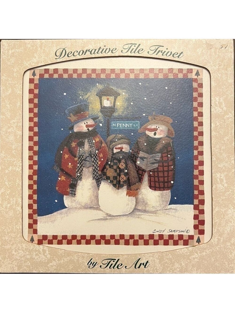 Vintage Christmas Decorative Tile Trivet Snowman Family